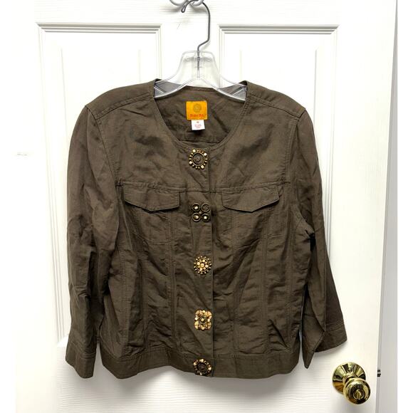 Ruby Rd Jacket, Brown Linen Blend Coat, Lightweight, Bead Snaps, Size 10 - Picture 1 of 6